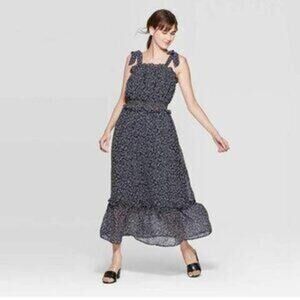Who What Wear Women’s‎ Print Flowy Smocked Maxi Dress Size S Navy Beige